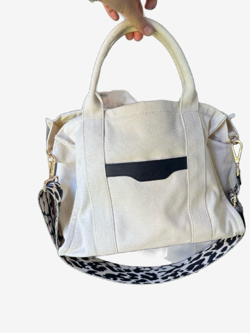 Cream Canvas Tote handbag with Leopard-Print Strap